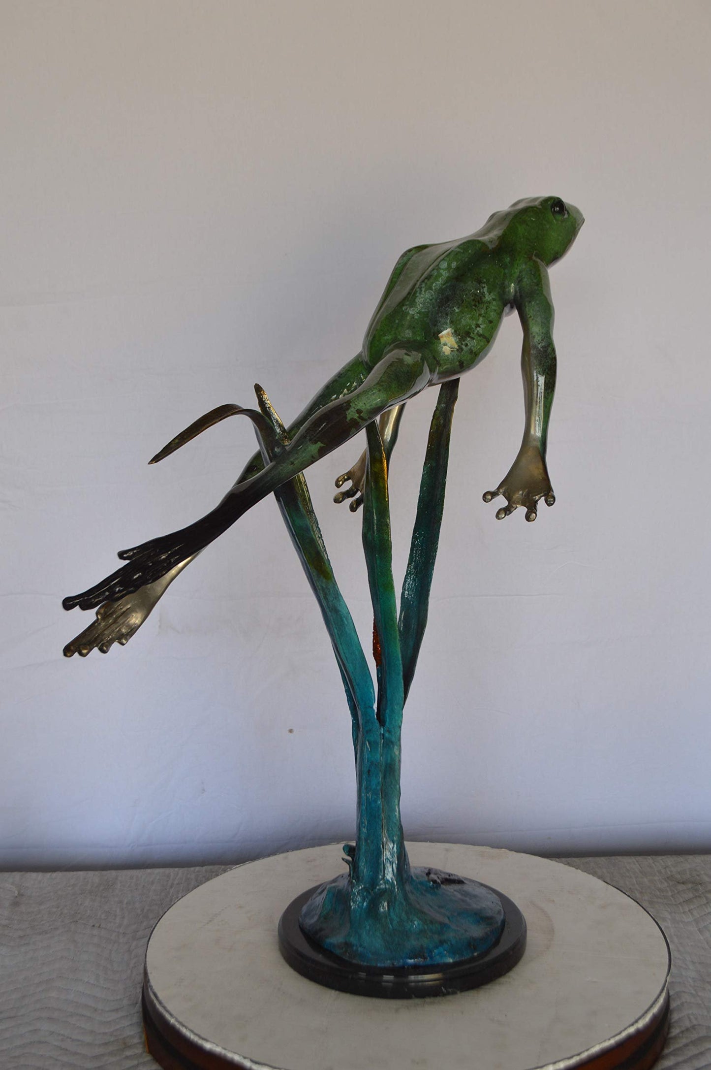 Large Frog Jumping Up Bronze Statue on a  Marble  -  Size: 30"L x 14"W x 34"H.