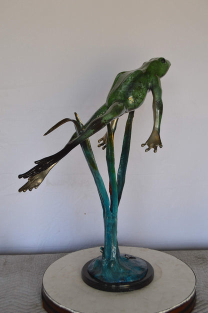 Large Frog Jumping Up Bronze Statue on a  Marble  -  Size: 30"L x 14"W x 34"H.