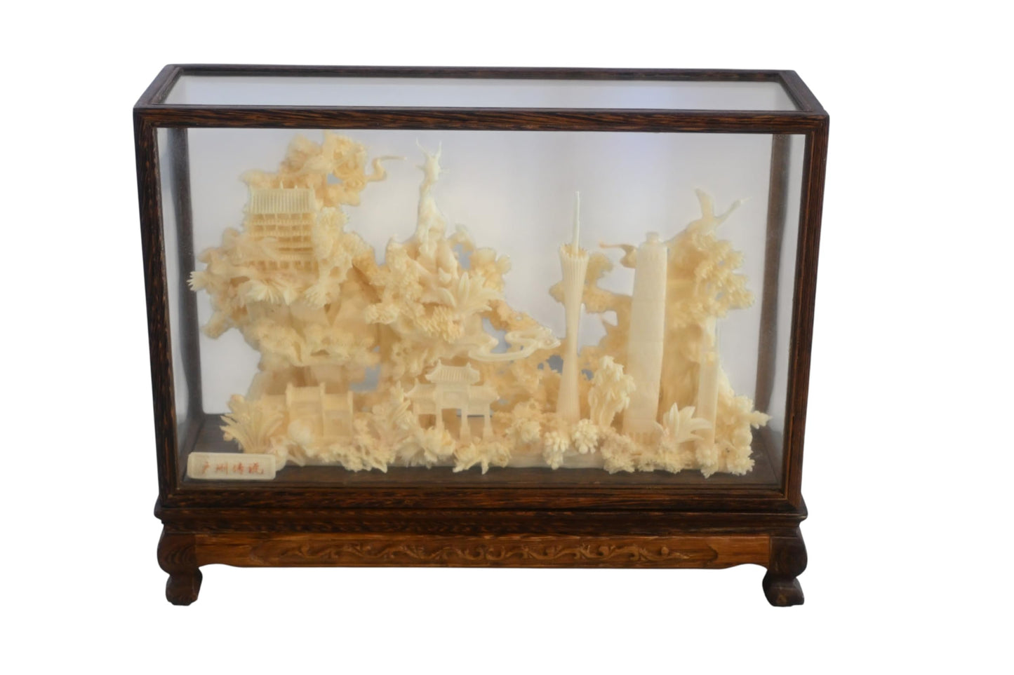 Carved Resin Guangzhou Cityscape Diorama in Wood Case 12"x4"x9"H