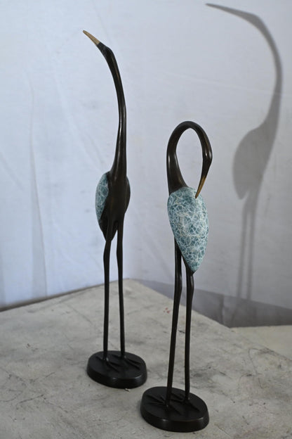 Bronze Crane Pair Statue Set Birds Sculpture Figurines 7"x4"x20"H
