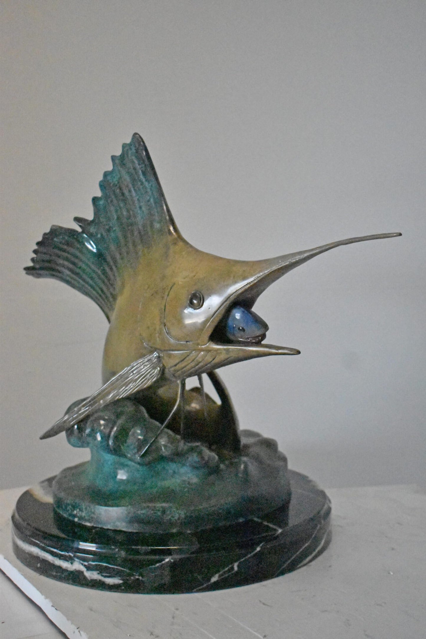 Nifao Sailfish Catching Fish Bronze Statue on Marble Base – Lost Wax Cast Ocean Life Sculpture with Hand-Applied Patina, Marine Wildlife Decor,26" x 16" x 25"H.
