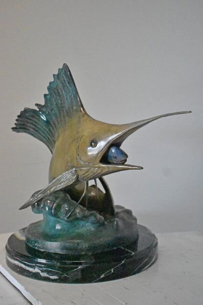 Nifao Sailfish Catching Fish Bronze Statue on Marble Base – Lost Wax Cast Ocean Life Sculpture with Hand-Applied Patina, Marine Wildlife Decor,26" x 16" x 25"H.