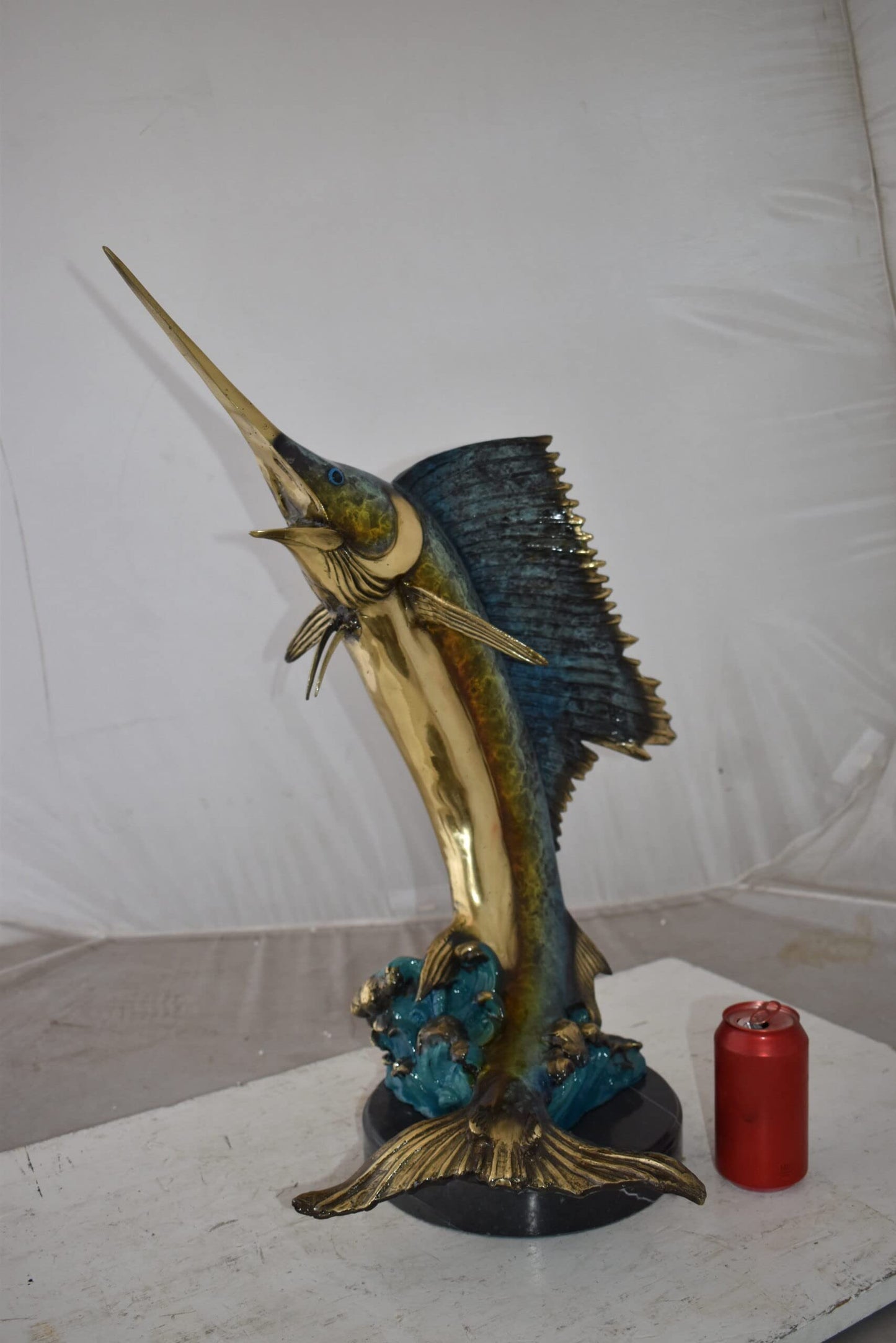 Gold And Blue Sailfish Swimming In Ocean Bronze Statue Size: 18" x 16" x 26"H