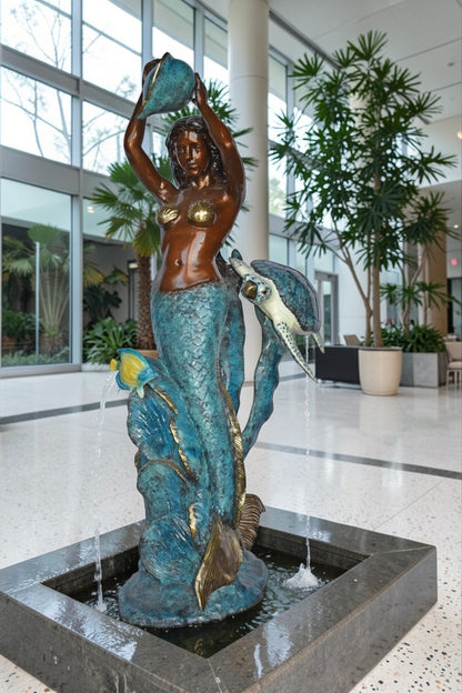 Mermaid Holding a Shell Fountain W Turtle Bronze Statue - Size: 32" x 19" x 60"H