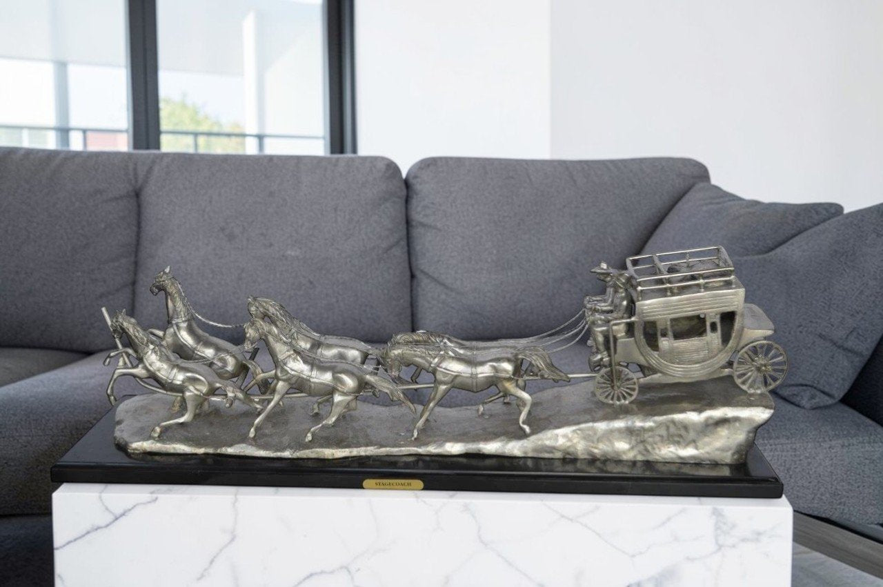 M Russell, Silver Stagecoach Replica Bronze Statue -  Size: 38"L x 10"W x 12"H.