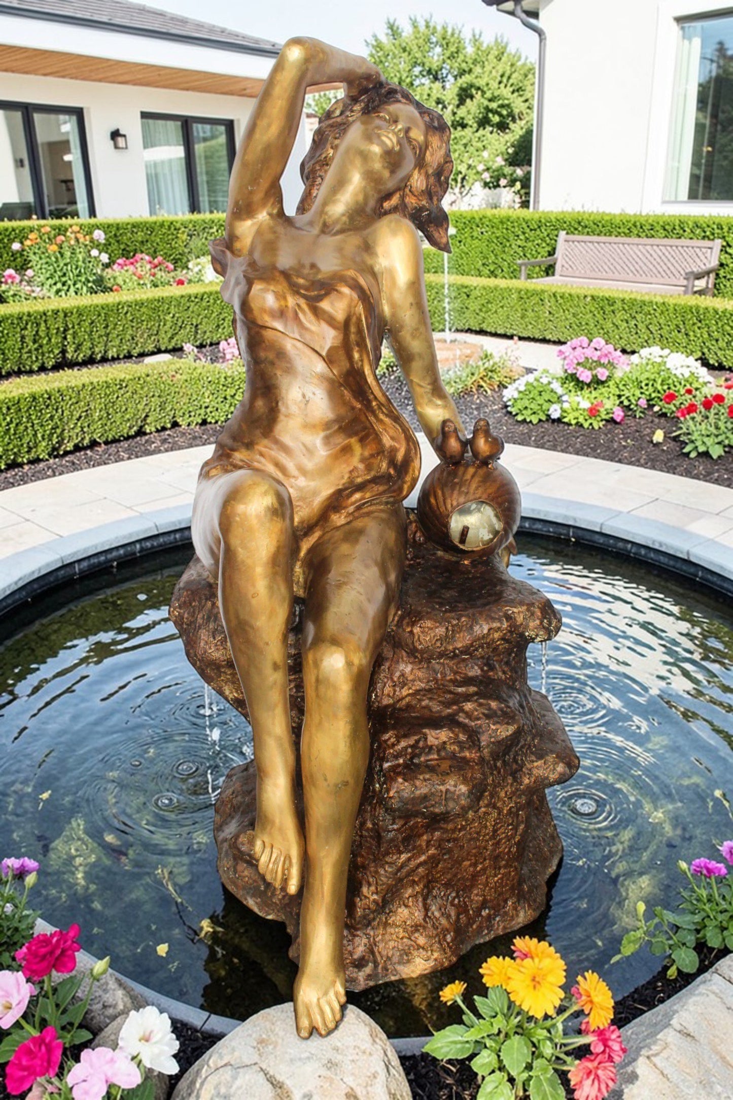 Bronze Outdoor Fountain of a Woman Relaxing on Rocks 49" x 39" x 50"H