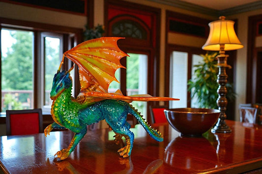 Painted Dragon Bronze Statue -  Size: 16"L x 15"W x 12"H.