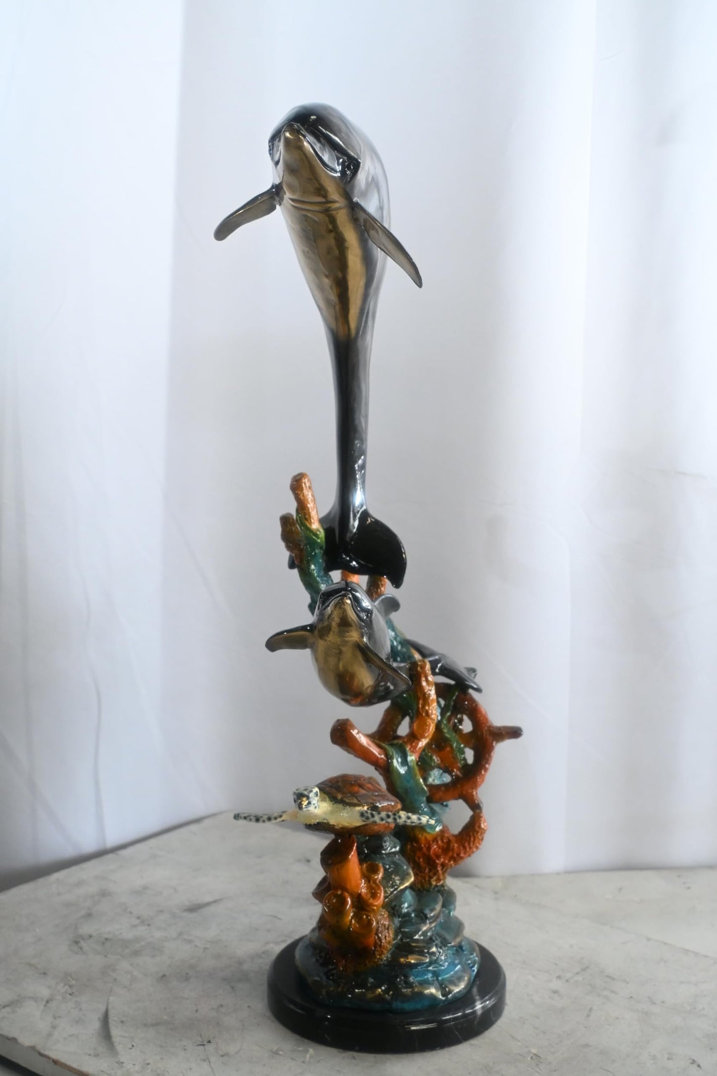 Two Dolphins with Sea Turtle on Coral Bronze Sculpture 18"x10"x29"H