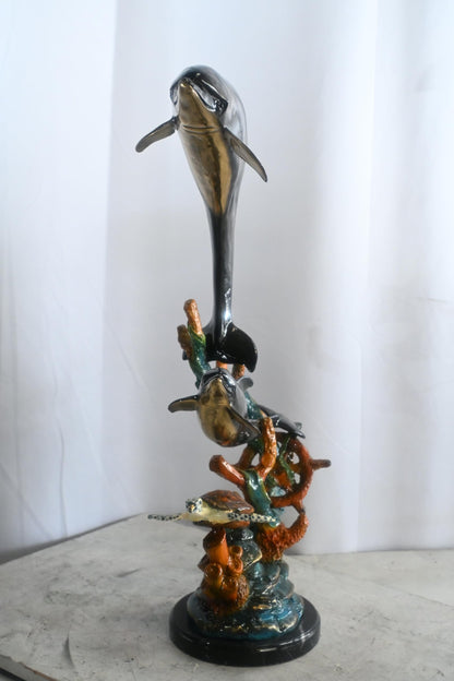 Two Dolphins with Sea Turtle on Coral Bronze Sculpture 18"x10"x29"H