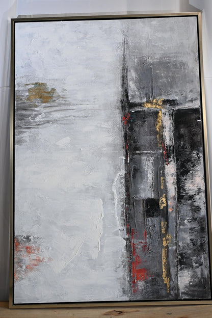 Chicago Abstract Canvas Painting Gray Gold Framed Art 61"x41"
