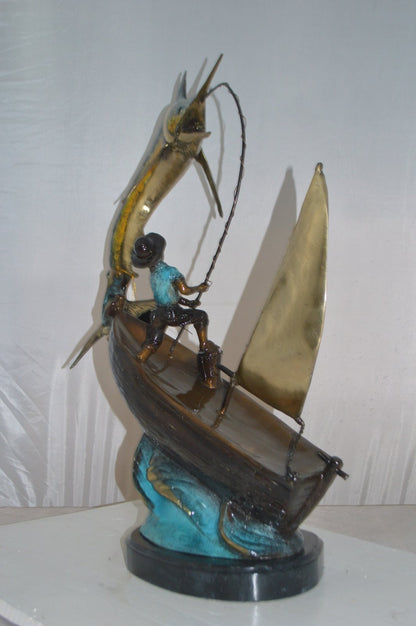 Old Man Fishing a Large Catch Bronze Statue -  Size: 27"L x 13"W x 30"H.