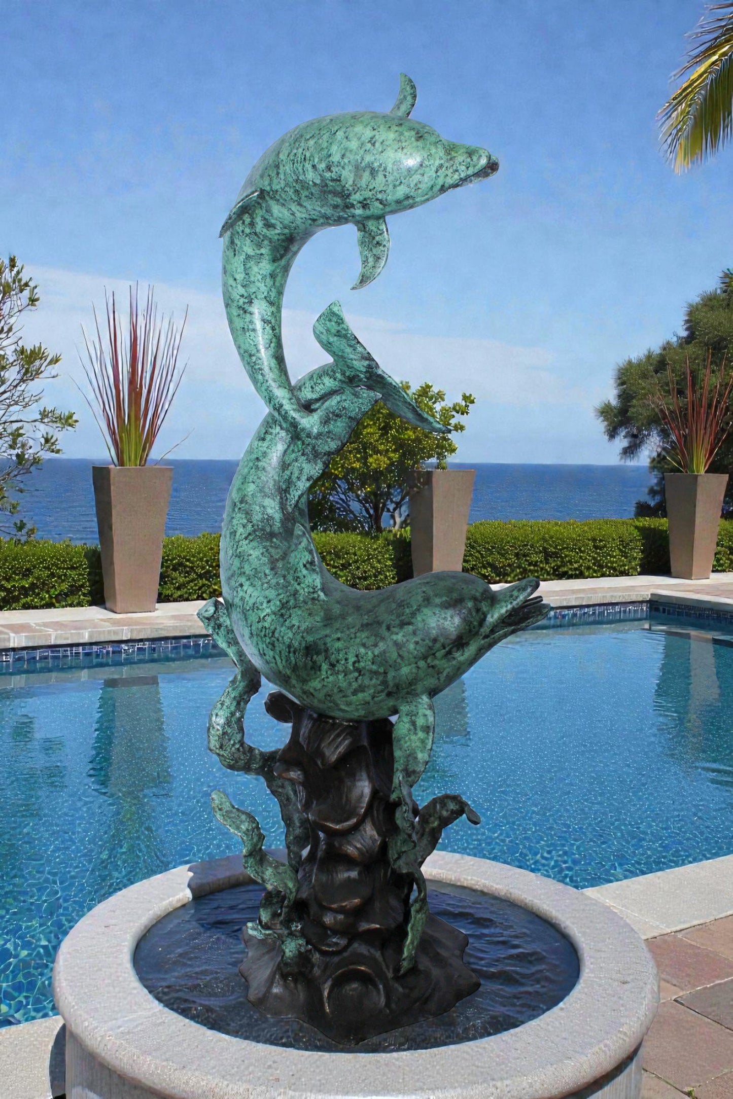 Giant Bronze Dolphin Fountain Sculpture with Green Patina 23" x 15" x 66"H