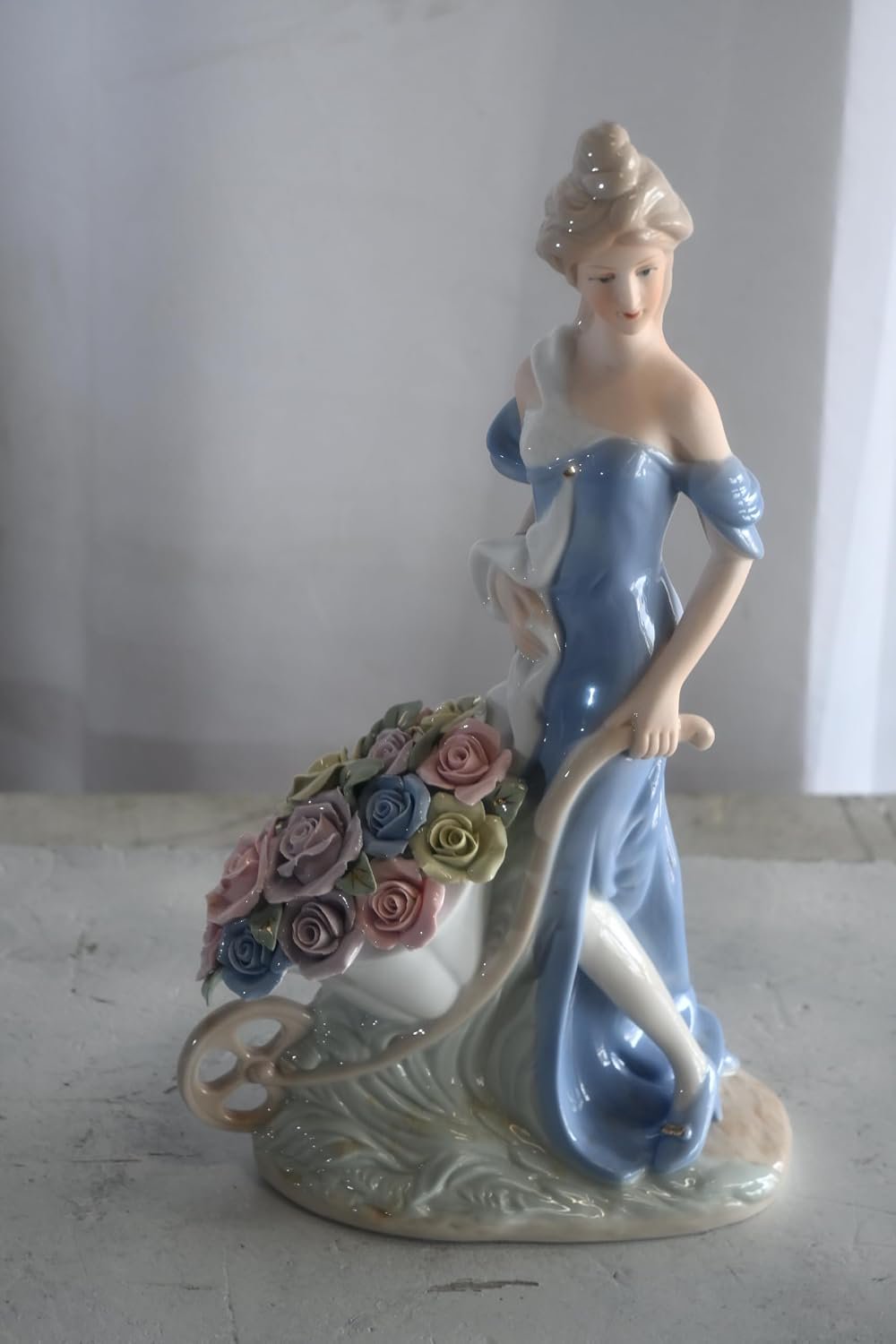 Porcelain Lady Blue Gown Pushing Rose Wheelbarrow Statue 8"x4"x14"H