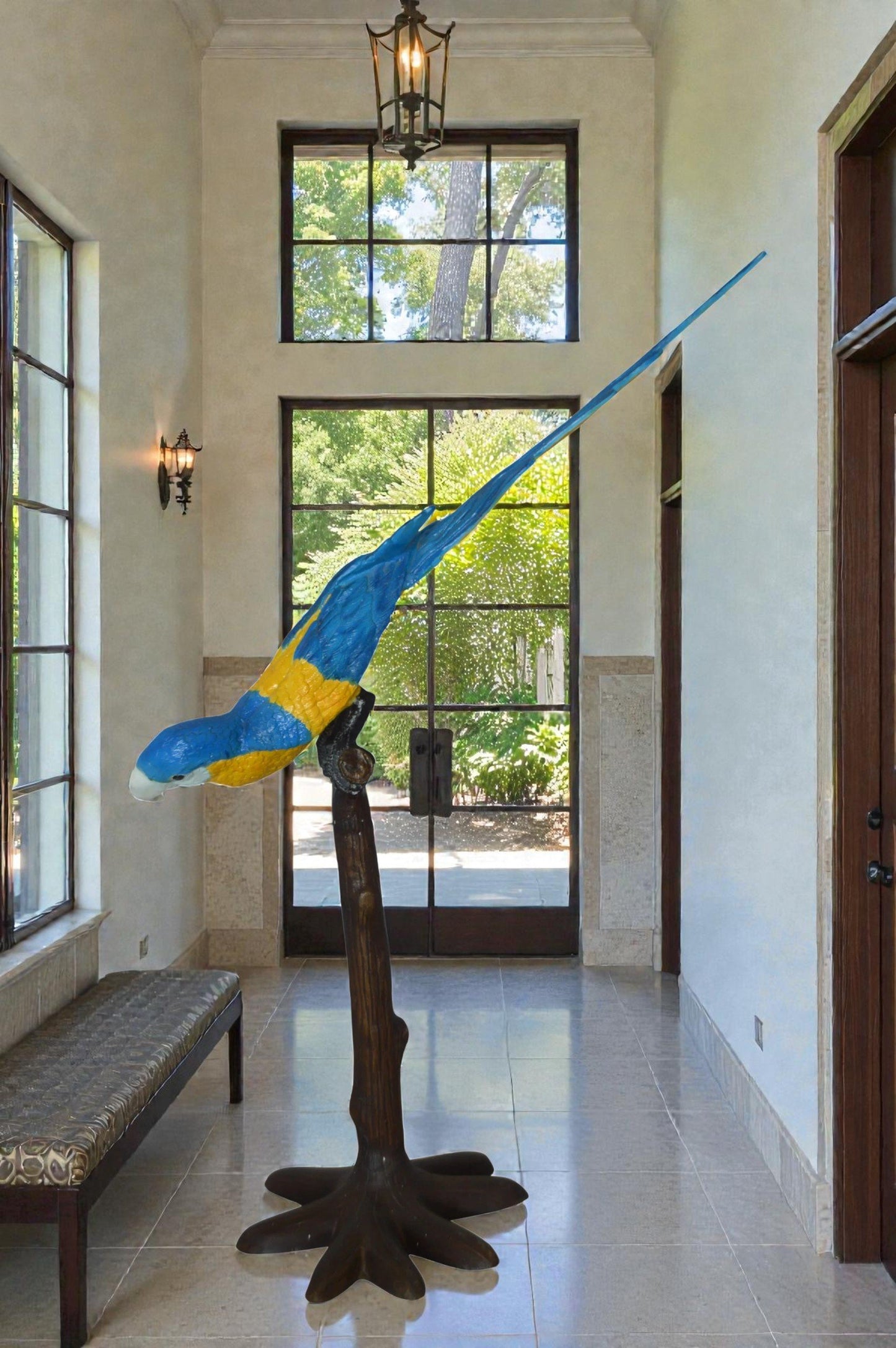 Parrot on Tree - Head Down Bronze Statue -  Size: 39"L x 15"W x 47"H.