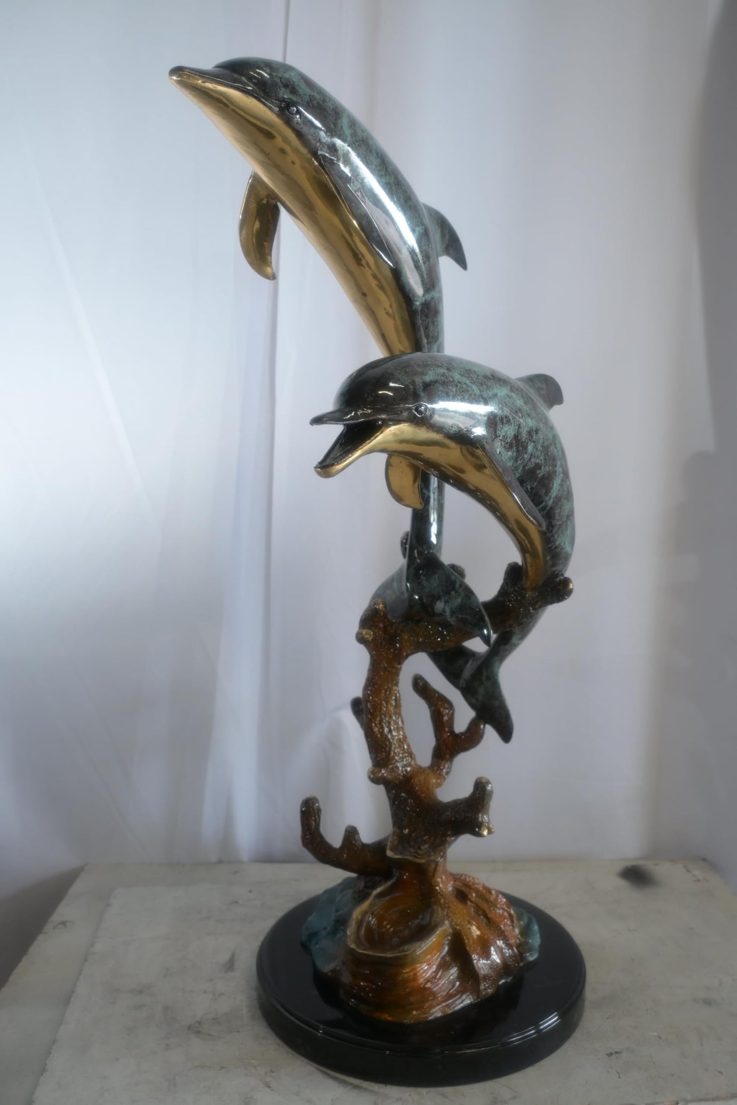 Large Bronze Dual Dolphin Coral Reef Sculpture Marble Base 18"x16"x39"H