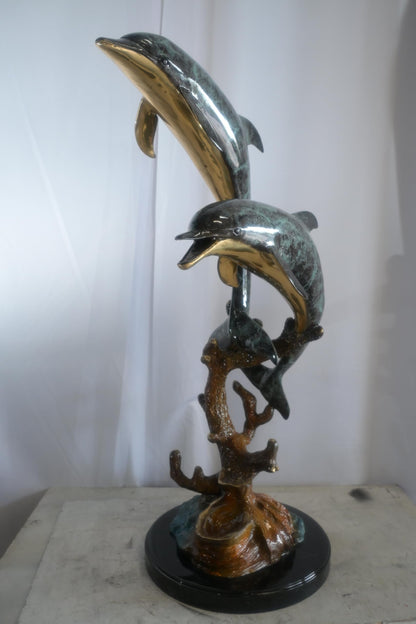 Large Bronze Dual Dolphin Coral Reef Sculpture Marble Base 18"x16"x39"H