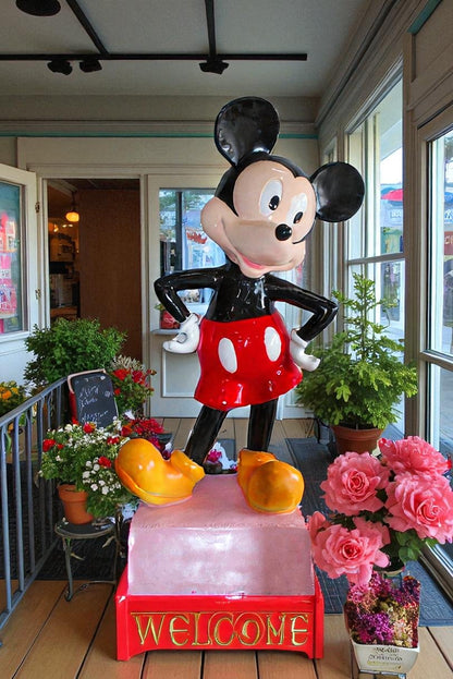 Large Cartoon Mouse Statue Holding Flower Bouquet 35" x 26" x 73"H