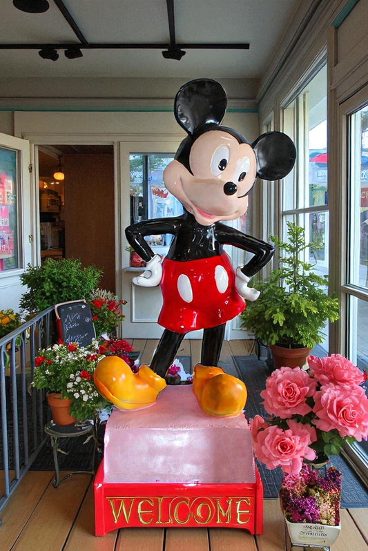 Large Cartoon Mouse Statue Holding Flower Bouquet 35" x 26" x 73"H