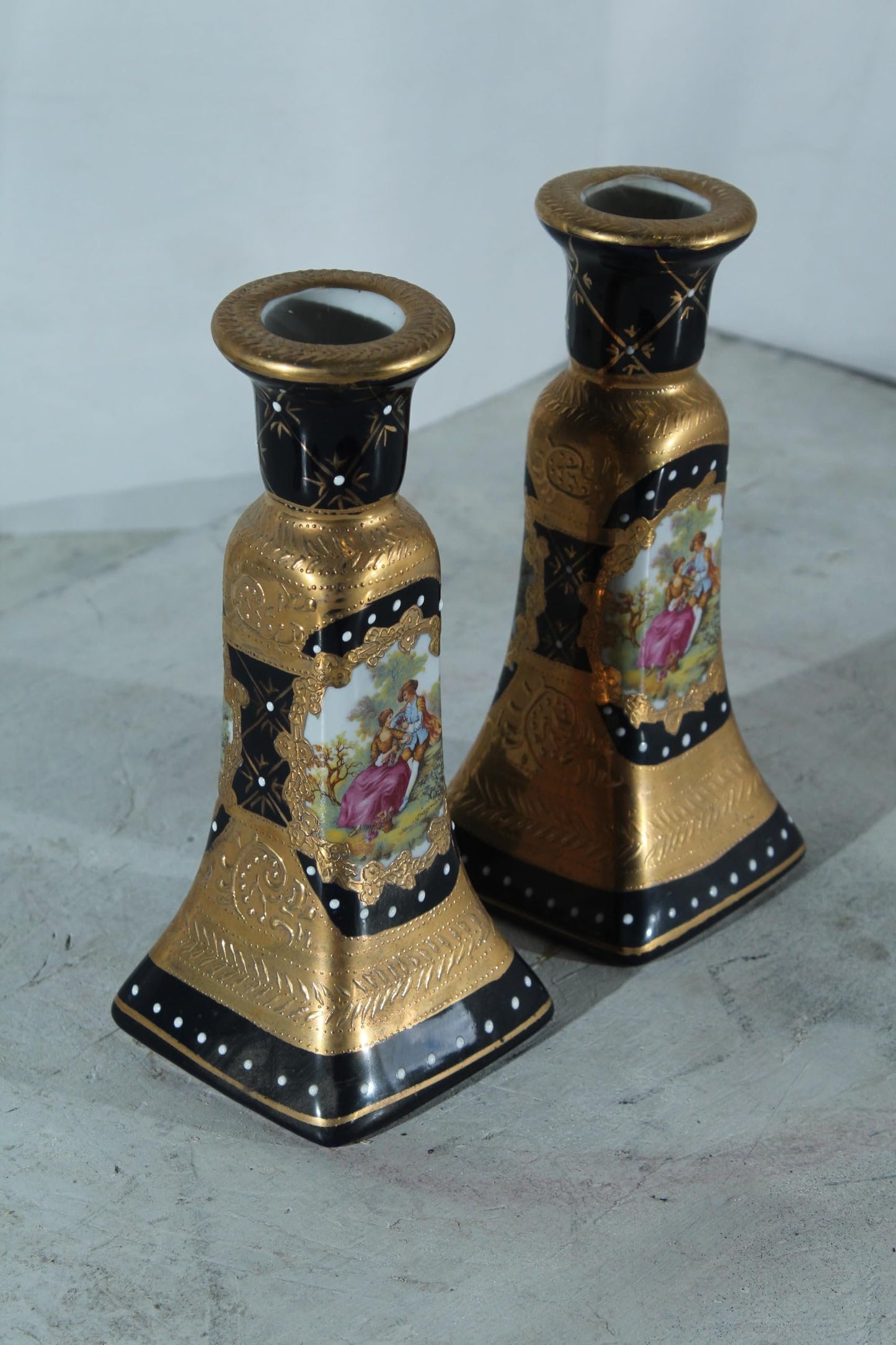 Porcelain Pair Candlestick Holders Black Gold Courting Scene 8"x4"x9"H