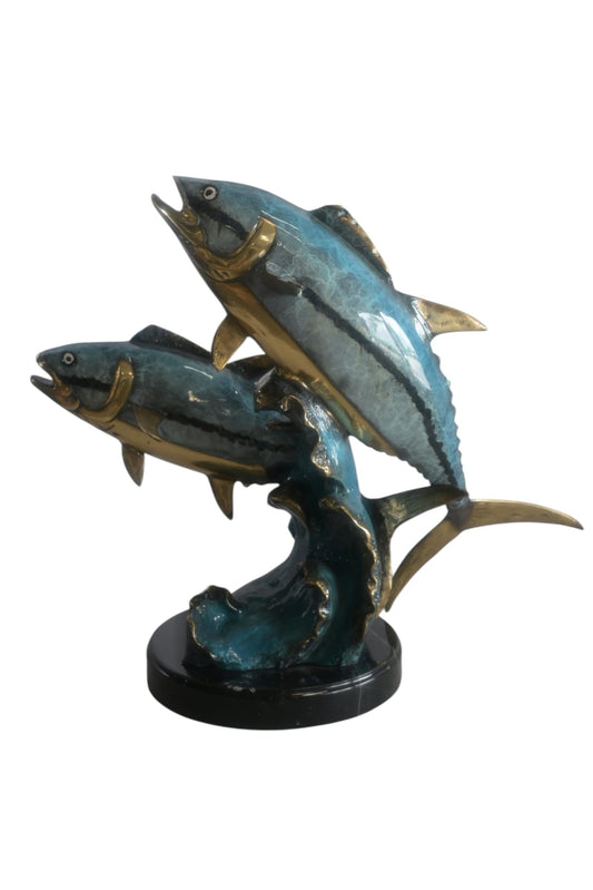 Bronze Dual Tuna Fish Sculpture on Marble Base 24"x16"x21"H