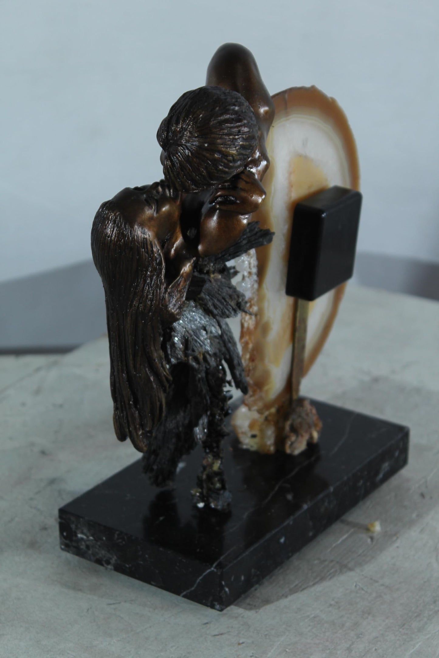 NIFAO Angel Clock Sculpture with Agate Bronze Art by Vidal Spain 10"x5"x12"H