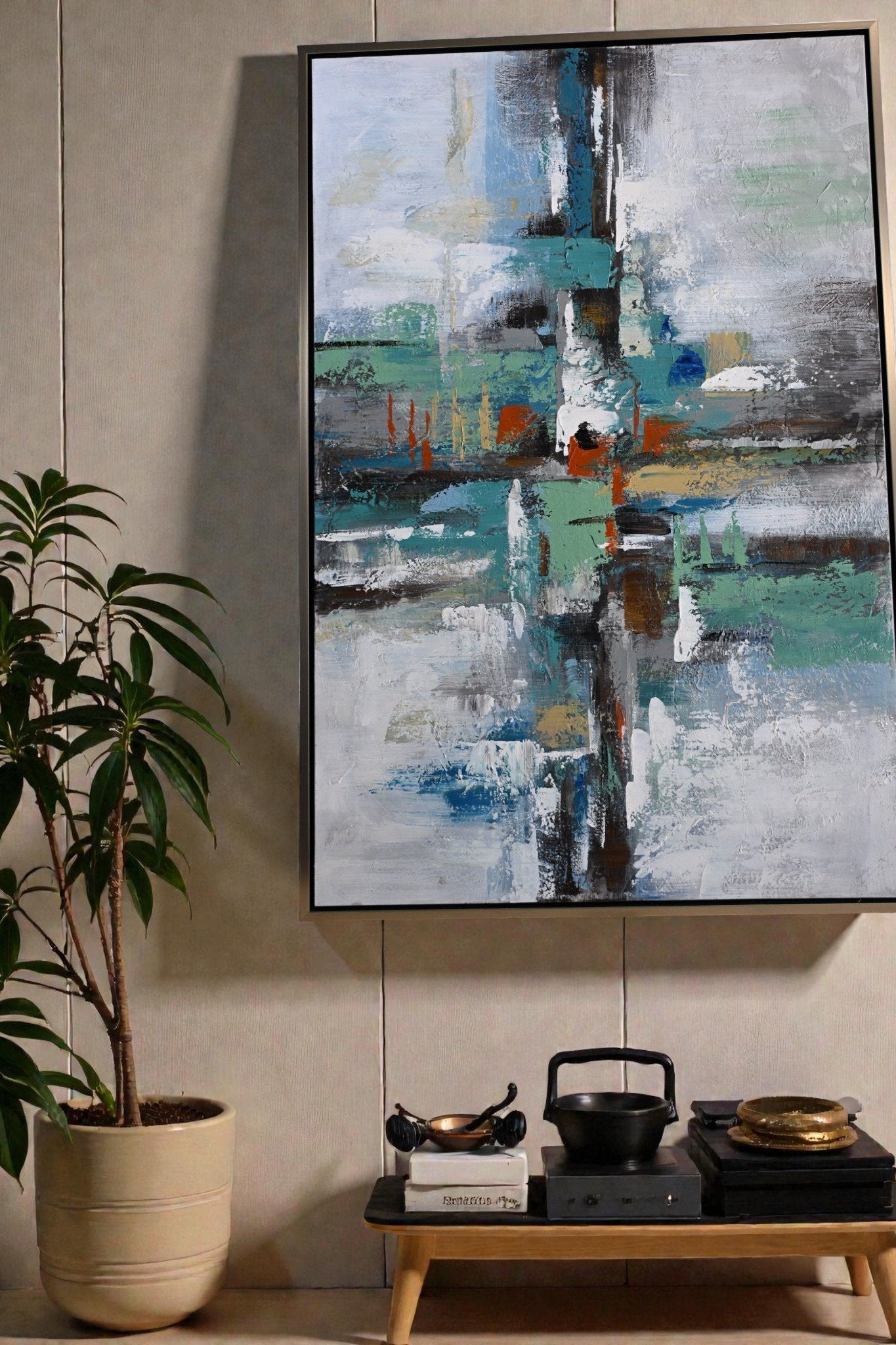 Mystery Abstract Canvas Painting Teal Gray Framed Art 41"x61"