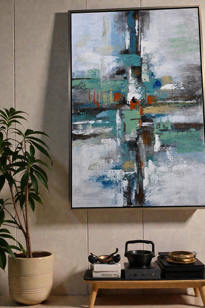 Mystery Abstract Canvas Painting Teal Gray Framed Art 41"x61"