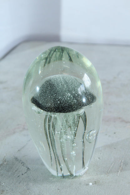 NIFAO Glass Jellyfish Paperweight Clear Black Ocean Art Decor 4" x 4" x 7"H