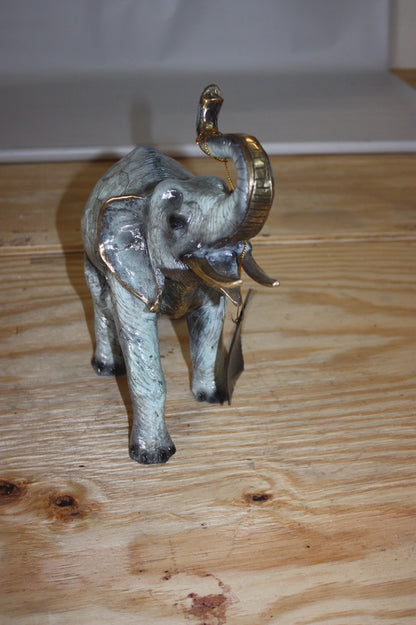 Bronze Elephant Trunk Up Statue - Hand-Cast Patina Finish - 13.5"L x 5"W x 12"H