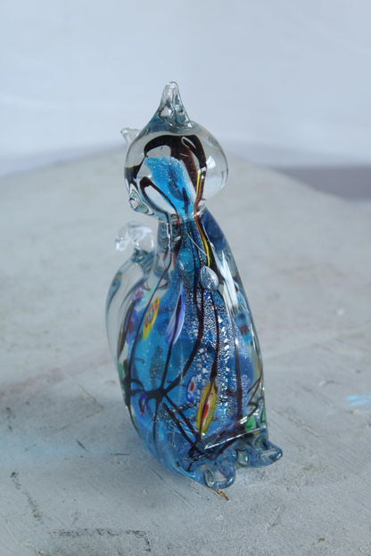 NIFAO Glass Cat Figurine Hand Blown Blue Millefiori Art Decor 5" x 3" x 7"H