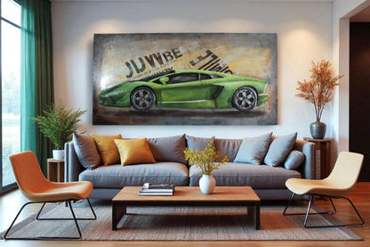 NIFAO Lamborghini Inspired Green Supercar Painting on Metal 3D 79" x 2" x 40"H