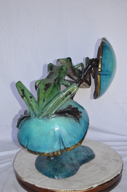 Nifao Bronze Two Frogs on Mushrooms Statue – Hand-Cast Lost Wax Sculpture with Polychrome Patina, Tabletop Nature Art - 24" L x 15" W x 27" H