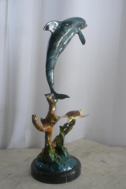 Bronze Leaping Dolphin and Sea Turtle Sculpture Marble Base 12"x9"x27"H