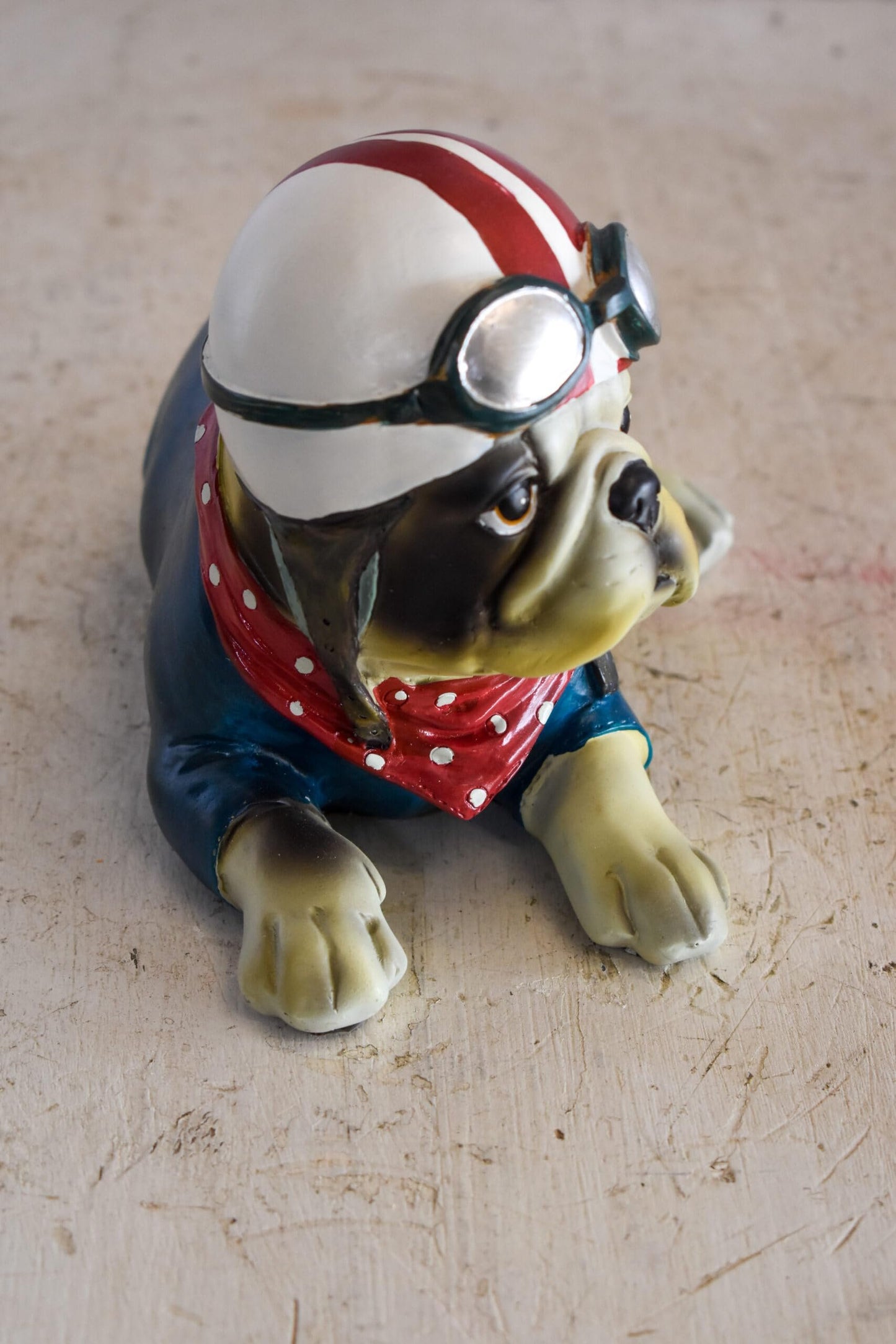 A Happy Dog Dressed in Motorcycle Rider Suit, Resin Statue 9" x 6" x 7"H