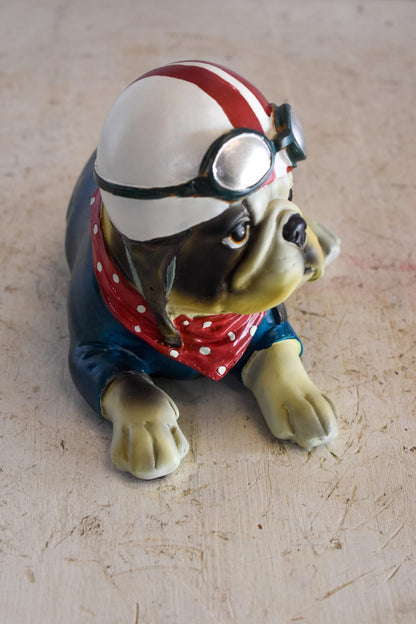 A Happy Dog Dressed in Motorcycle Rider Suit, Resin Statue 9" x 6" x 7"H