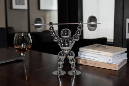 Modern Art Weightlifter Up Position Chrome Balls Statue - Size: 20"x5"x17"H