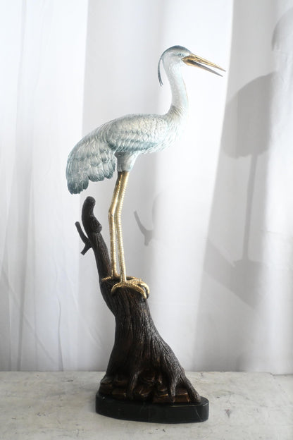 Bronze Heron Statue on Driftwood Marble Base Sculpture 17"x17"x37"H