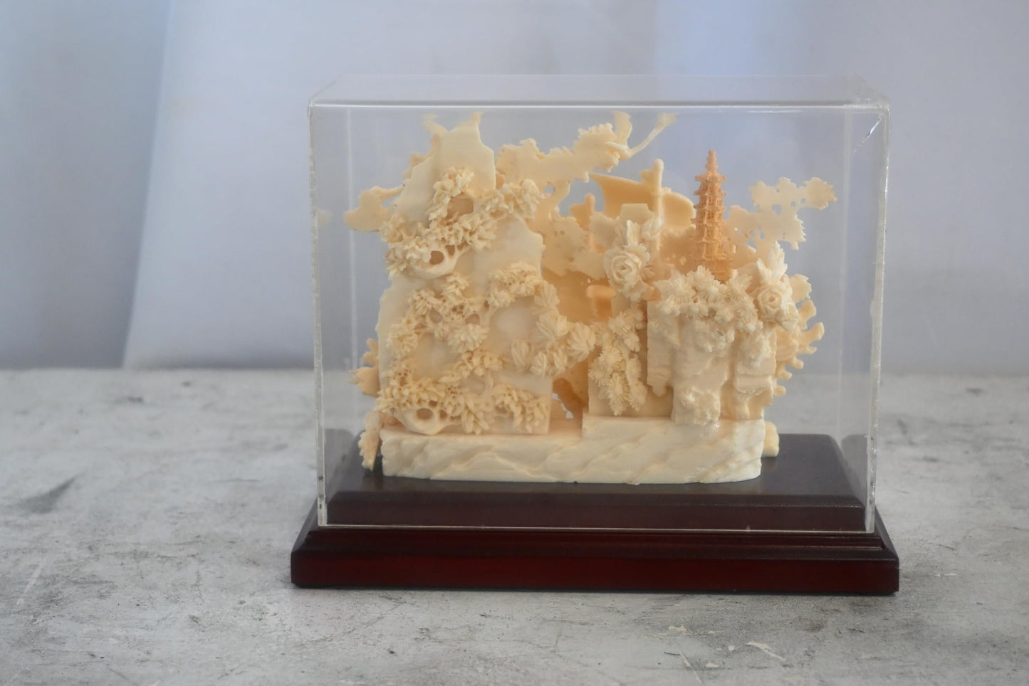 Carved Resin Chinese Sailing Junk Ship Diorama in Case 8"x4"x7"H