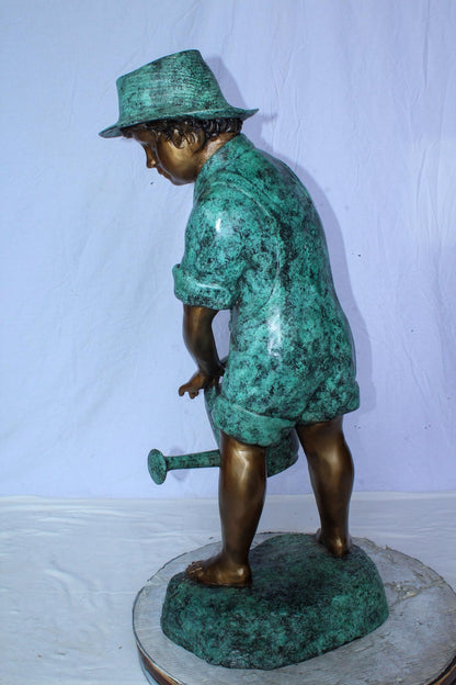 Standing Boy with Watering Can Bronze Statue - Size: 15"L x 15"W x 39"H.