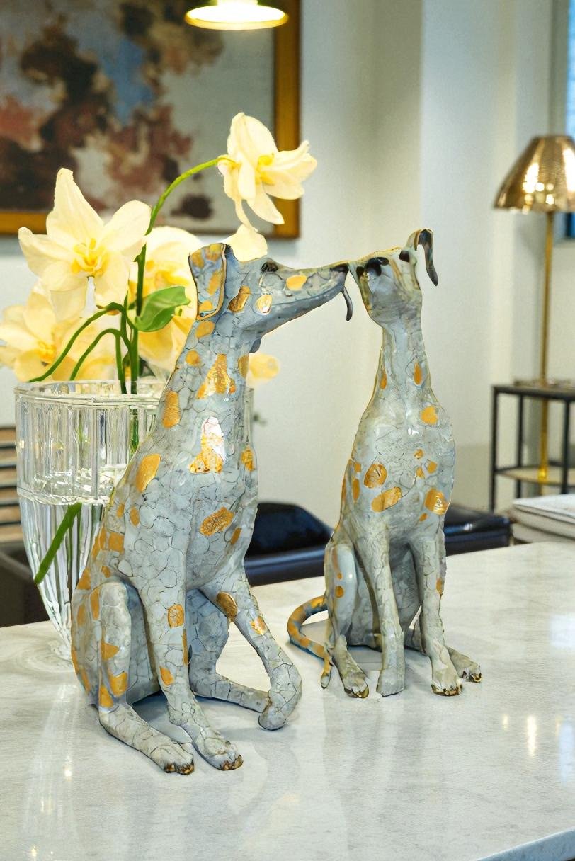 Pair of Golden Pleated Dalmatians Sitting Bronze Statue -  21"L x 16"W x 35"H.