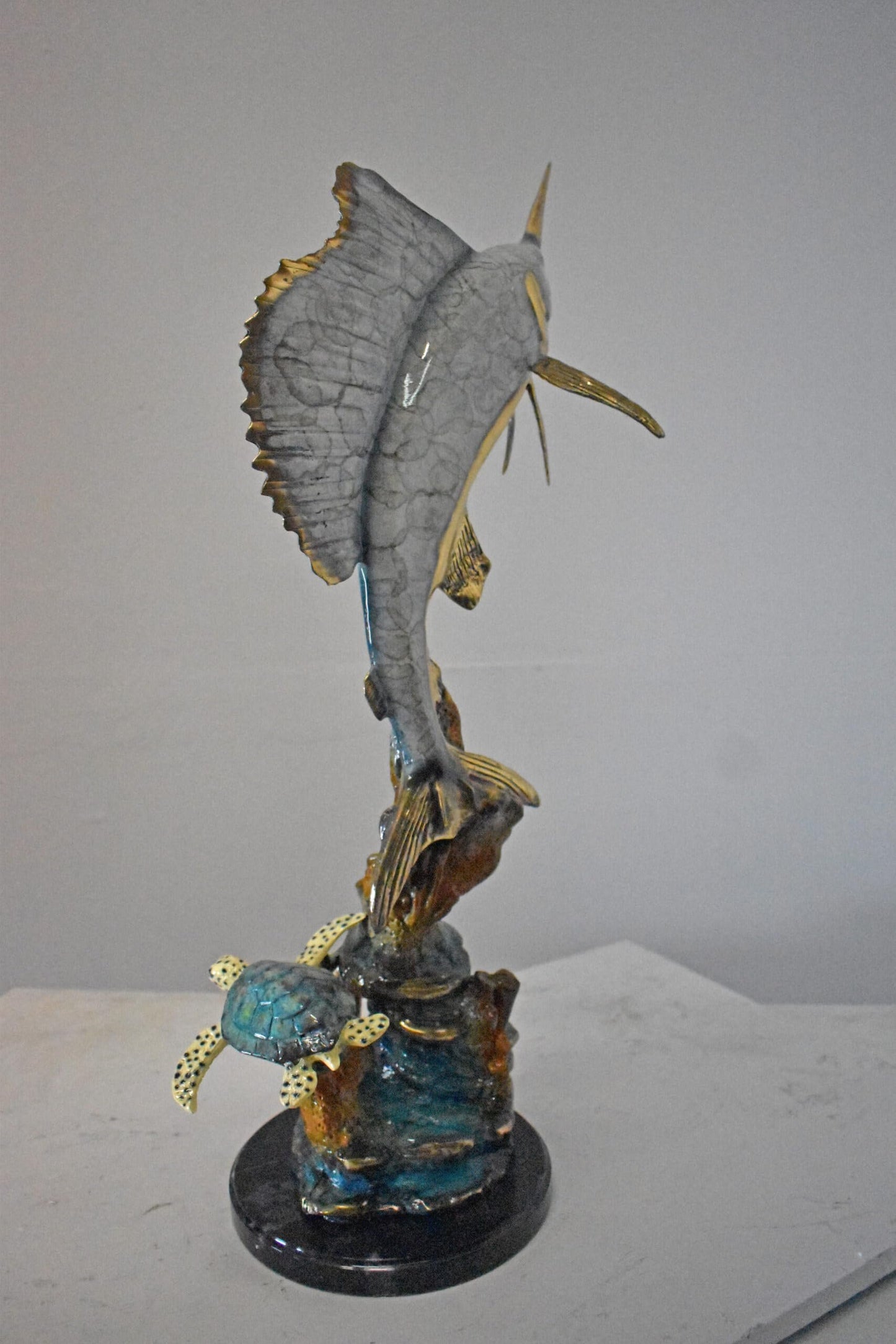 Nifao Sailfish and Turtle Bronze Statue on Marble Base – Lost Wax Marine Life Sculpture with Patina Finish - 12" L x 18" W x 31" H