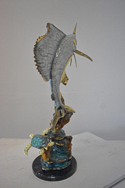 Nifao Sailfish and Turtle Bronze Statue on Marble Base – Lost Wax Marine Life Sculpture with Patina Finish - 12" L x 18" W x 31" H
