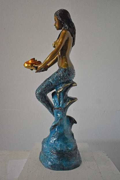 Mermaid Holding Two Fish Bronze Statue Color Finish - Size: 14" x 14" x 43"H.