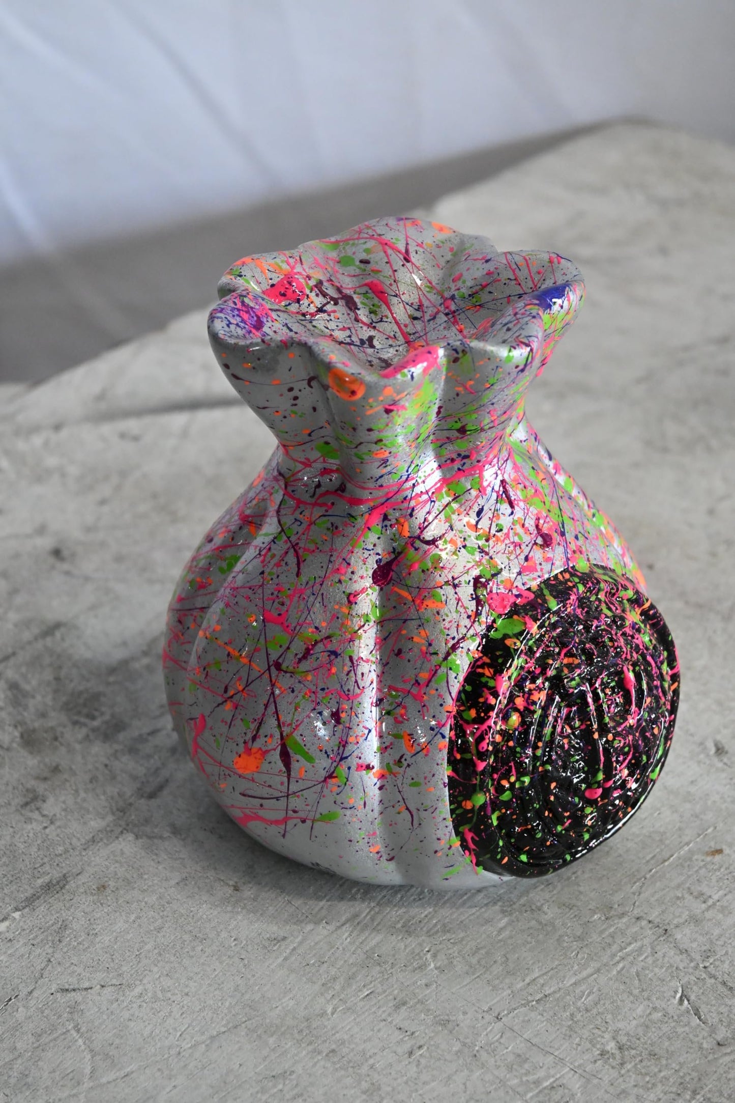 NIFAO Money Bag Vase Ceramic Sculpture Neon Splatter Andres Mendez 4"x5"x6"H