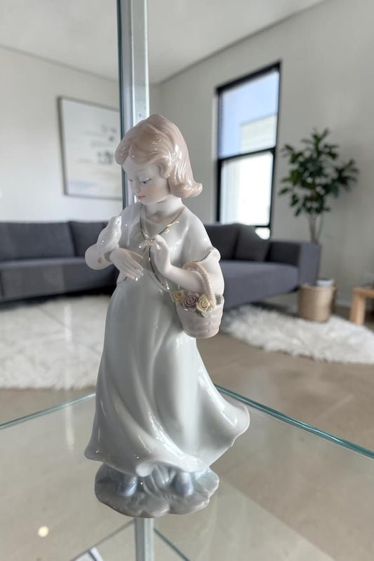 Porcelain Girl with White Doves and Flower Basket Statue 6"x4"x12"H