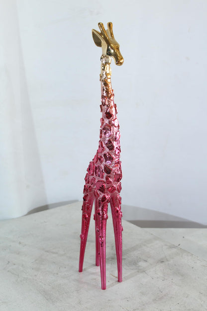 NIFAO Pink Giraffe Sculpture with Gold Chrome Head Modern Resin Decor 4"x6"x30"H