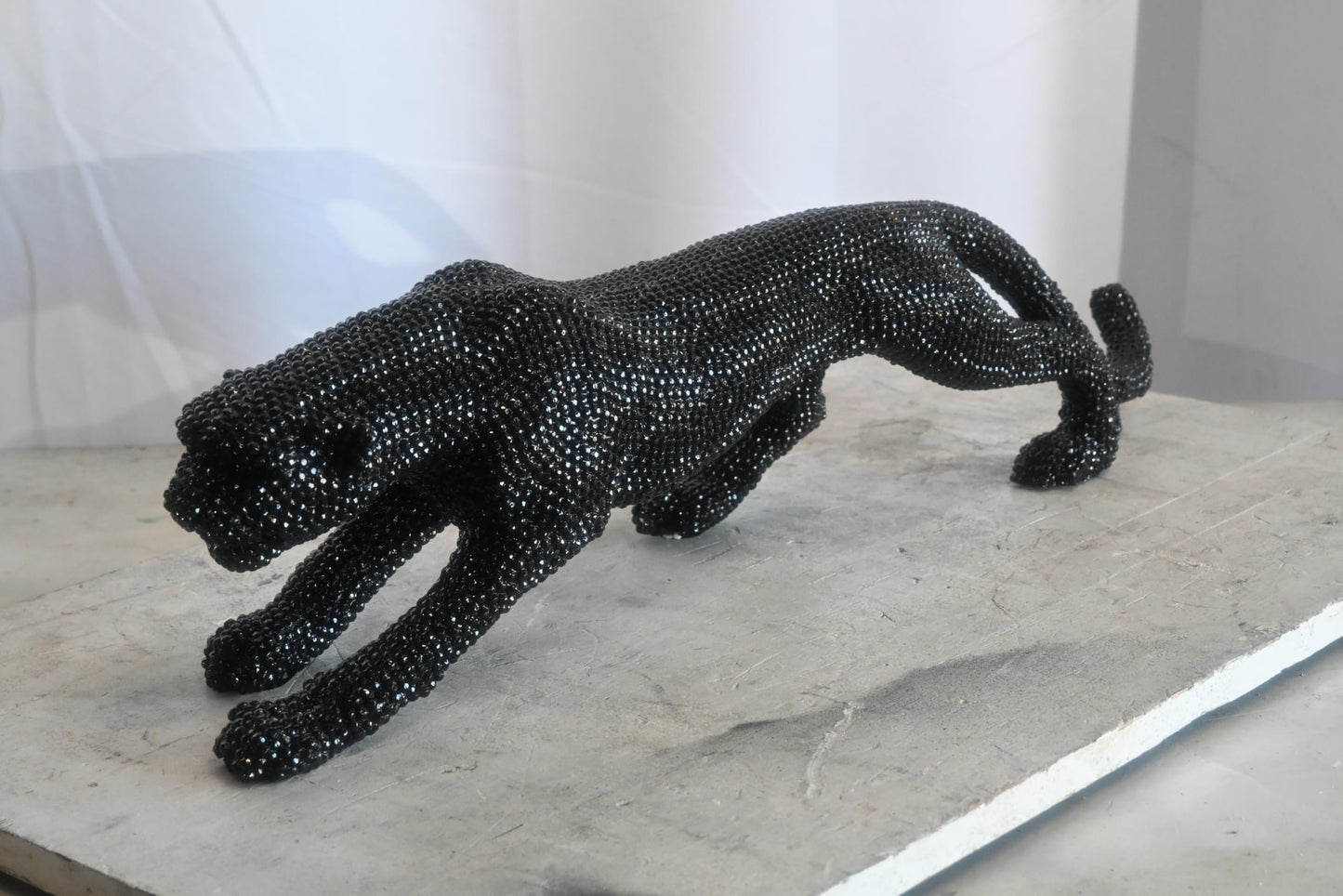 Black Crystal Beaded Panther Sculpture Prowling Resin Decor 29"x5"x7"H