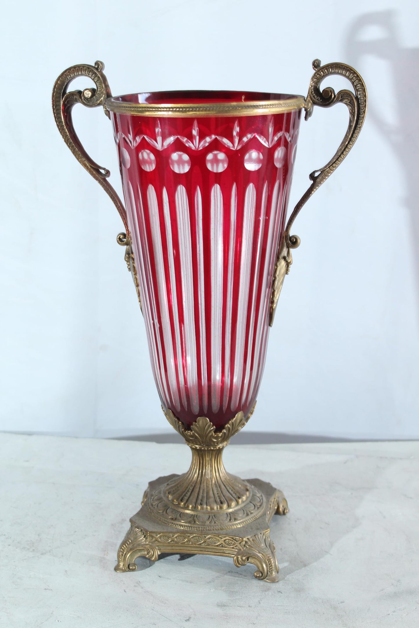 Glass vase with Metal Handles and Base red Vertical Style 13"x8"x21"H