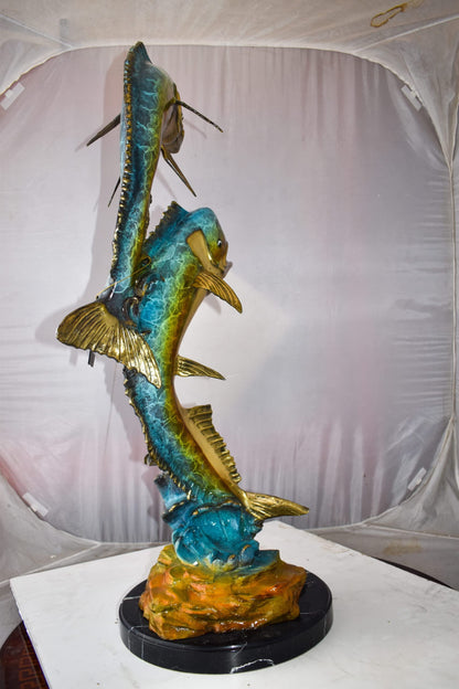 Impressive Pair of Dorado Mahi Mahi Fish Bronze Statue Size: 20" x 18" x 42"H