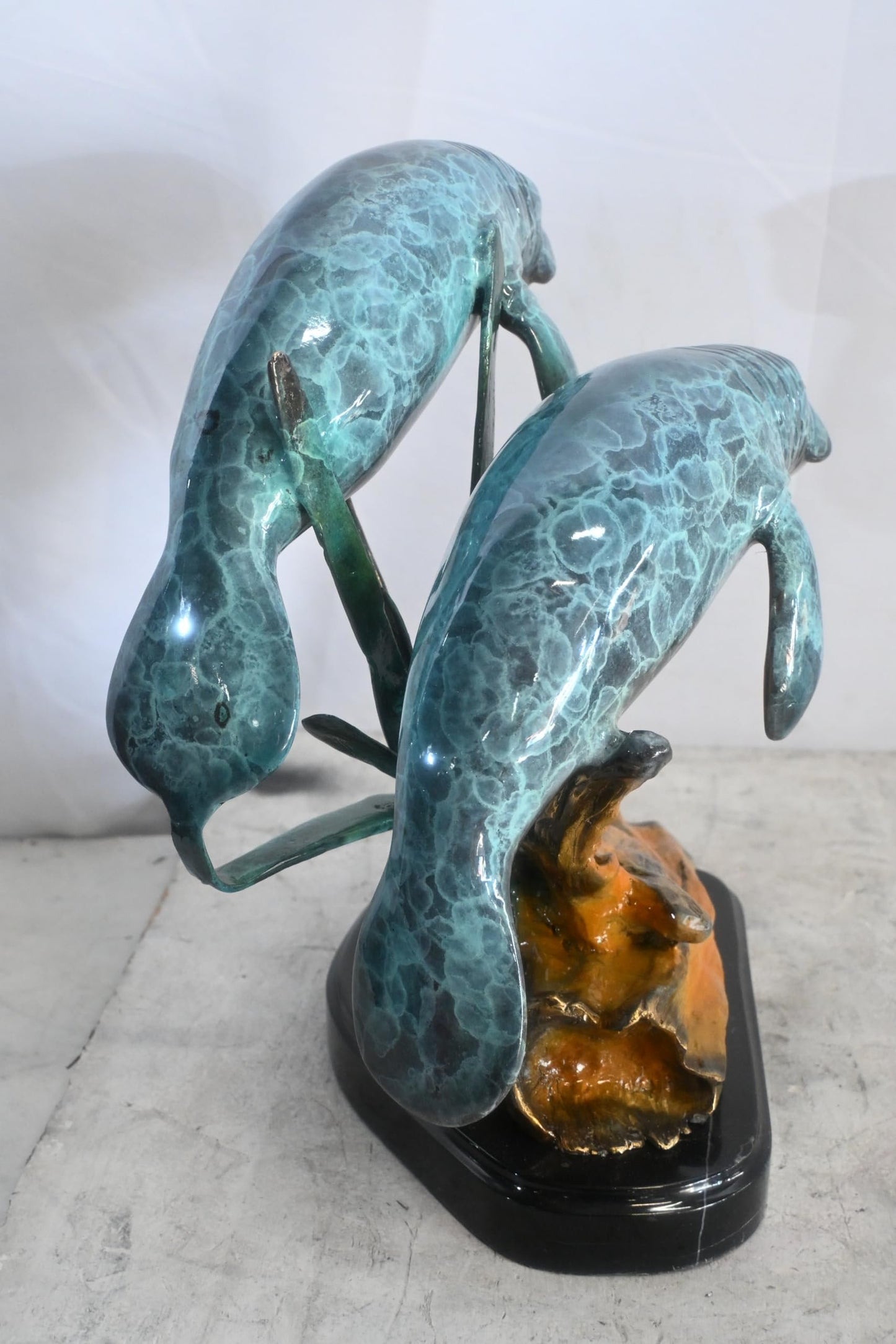 Two Manatees Bronze Sculpture Marble Base Ocean Life 15"x11"x12"H